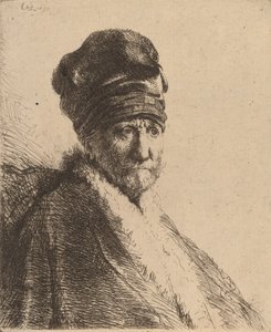 Buste van een man met een hoge hoed, drie kwart rechts (de vader van de kunstenaar) door Rembrandt van Rijn