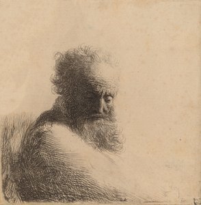 Buste van een oude bebaarde man, naar beneden kijkend, driekwart rechts door Rembrandt van Rijn
