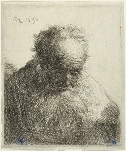 Buste van een oude man met een vloeiende baard: Het hoofd naar voren gebogen: Linkerschouder ongeschaduwd door Rembrandt van Rijn