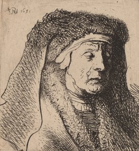 Buste van een oude vrouw in een bontjas en zware hoofdbedekking door Rembrandt van Rijn