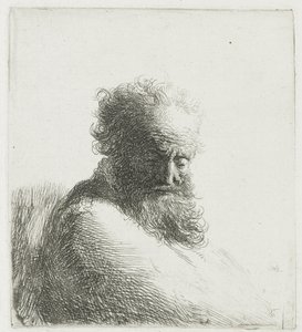 Buste van een oude bebaarde man, kijkend naar beneden, driekwart rechts door Rembrandt van Rijn
