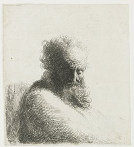 Buste van een oude bebaarde man, naar beneden kijkend, driekwart rechts door Rembrandt van Rijn