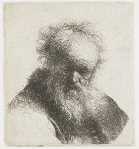 Buste van een oude man met vloeiende baard en witte mouw door Rembrandt van Rijn