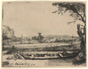 Kanaal met een grote boot en brug door Rembrandt van Rijn