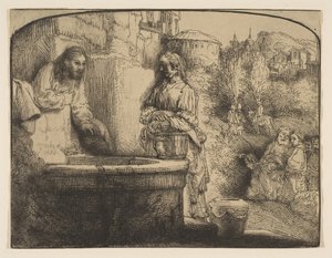 Christus en de vrouw van Samaria: een gebogen prent, 1658 door Rembrandt van Rijn