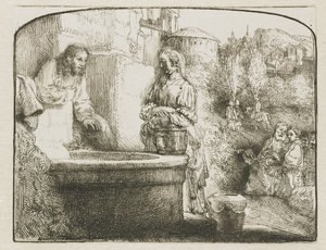 Christus en de vrouw van Samaria: een gebogen prent