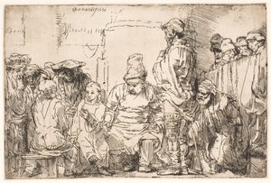 Christus, zittend in discussie met de schriftgeleerden door Rembrandt van Rijn