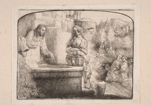Christus en de Samaritaanse vrouw (compositie die bovenaan door een boog wordt afgesloten) door Rembrandt van Rijn