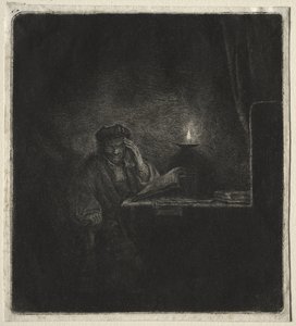 Kopie van Student aan een tafel bij kaarslicht door Rembrandt van Rijn