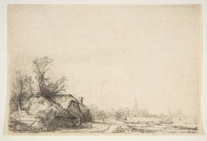 Huisje naast een kanaal met uitzicht op Ouderkerk, ca. 1641 door Rembrandt van Rijn