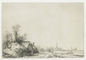 Cottage naast een kanaal met uitzicht op Ouderkerk door Rembrandt van Rijn