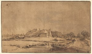 Huisjes en schuur naast een weg