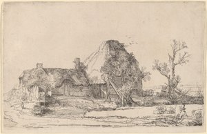 Huisjes en boerderijgebouwen met een man die schetst