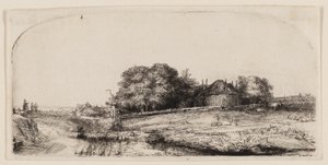 Huisjes en een hooischuur op de Diemerdijk met een kudde schapen door Rembrandt van Rijn