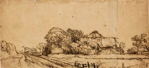 Boerderijgebouwen naast een Weg door Rembrandt van Rijn