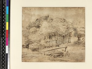 Boerderij onder bomen, met een voetbrug door Rembrandt van Rijn