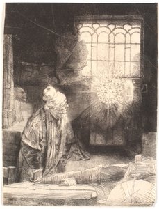 Faust in zijn studeerkamer, kijkend naar een magische schijf door Rembrandt van Rijn