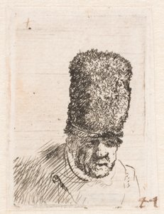 Hoofd van een oude man met een hoge bontmuts door Rembrandt van Rijn