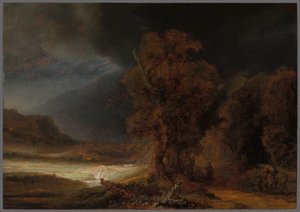 Landschap met de gelijkenis van de barmhartige Samaritaan door Rembrandt van Rijn