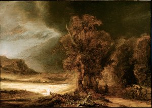 Landschap bij de Barmhartige Samaritaan door Rembrandt van Rijn