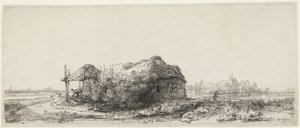 Landschap met huisjes en een hooischuur