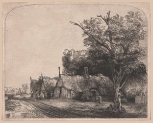 Landschap met drie huisjes met puntgevels langs een weg
