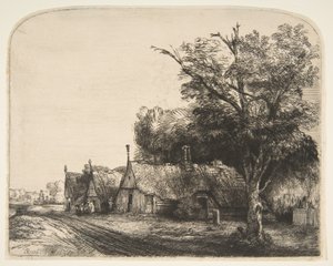 Landschap met drie huizen met puntgevels naast een weg door Rembrandt van Rijn