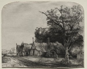 Landschap met Drie Huisjes met Gevels naast een Weg door Rembrandt van Rijn
