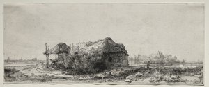 Landschap met een Huisje en Hooischuur: Rechthoekig door Rembrandt van Rijn