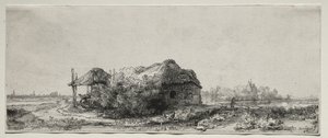 Landschap met een huisje en hooischuur: Oblong, 1641 door Rembrandt van Rijn
