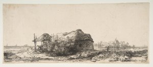 Landschap met een huisje en een hooischuur door Rembrandt van Rijn