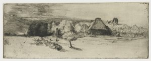 Landschap met een boerderij en het huis met de toren door Rembrandt van Rijn