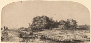 Landschap met een hooischuur en een kudde schapen