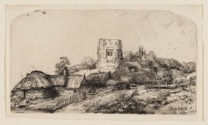 Landschap met een vierkante toren door Rembrandt van Rijn