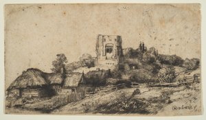 Landschap met een vierkante toren door Rembrandt van Rijn
