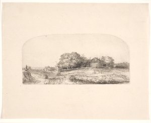Landschap met een hooischuur en een kudde schapen door Rembrandt van Rijn