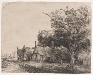 Landschap met drie huizen met puntgevels langs een weg