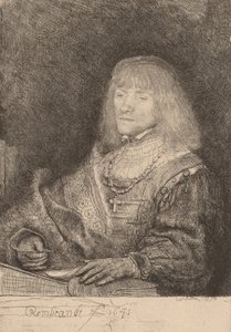 Man aan een bureau met een kruis en ketting, 1641 door Rembrandt van Rijn