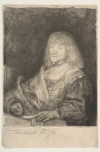 Man aan een Bureau met een Kruis en Ketting, 1641 door Rembrandt van Rijn