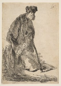Man in een jas en bontmuts leunend tegen een bank, ca. 1630 door Rembrandt van Rijn