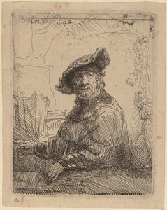 Man in een prieel door Rembrandt van Rijn