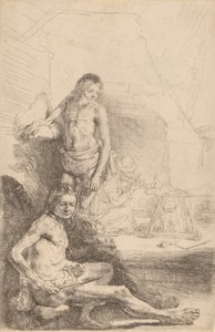 Naakte man zittend en naakte man staand, met een vrouw en baby op de achtergrond, ca. 1646