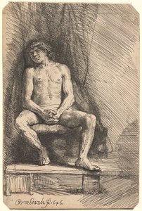 Naakte man zittend voor een gordijn (BB.46-Bi) door Rembrandt van Rijn