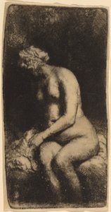 Naakt zittend op een bank met een kussen (Vrouw die haar voeten baadt in een beek) door Rembrandt van Rijn