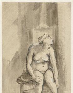 Naakte vrouw zittend bij een kachel door Rembrandt van Rijn