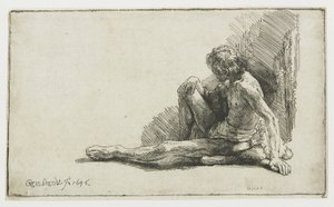 Naakte man zittend op de grond met een been uitgestrekt door Rembrandt van Rijn
