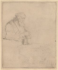 Oude man in meditatie, leunend op een boek door Rembrandt van Rijn