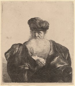 Oude man met baard, bontmuts en fluwelen mantel