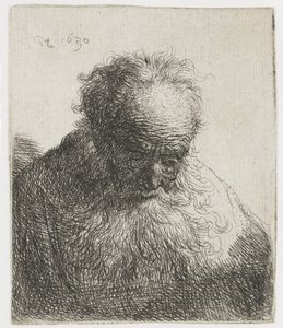 Oude man met een vloeiende baard, de linkerschouder onbeschaduwd door Rembrandt van Rijn