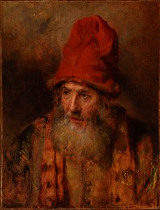 Oude man met een hoge, met bont afgezette muts door Rembrandt van Rijn